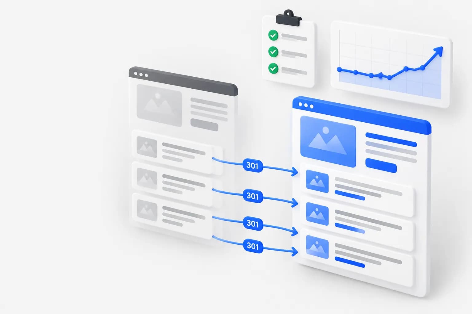 Website migration with old URLs mapped to new URLs by 301 redirects