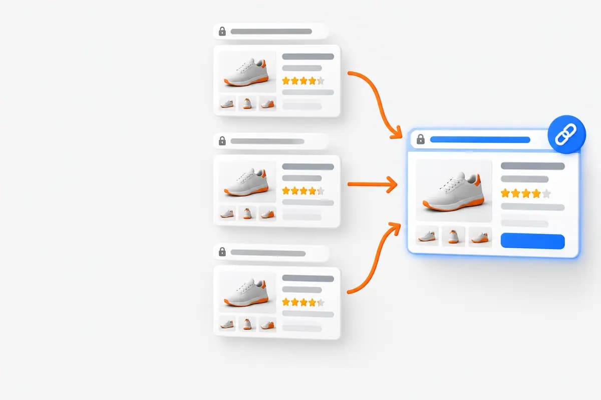 Diagram of Shopify duplicate product URLs consolidated with canonical tags