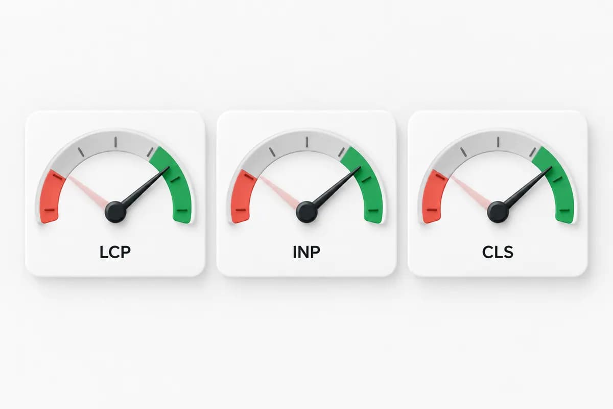 Core Web Vitals LCP, INP and CLS gauges before and after technical SEO fixes
