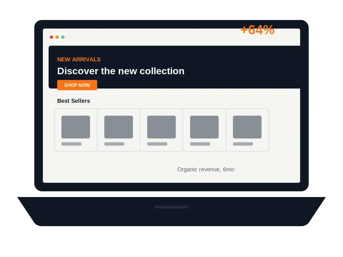 Ecommerce SEO dashboard showing product visibility, category rankings, and organic traffic growth.
