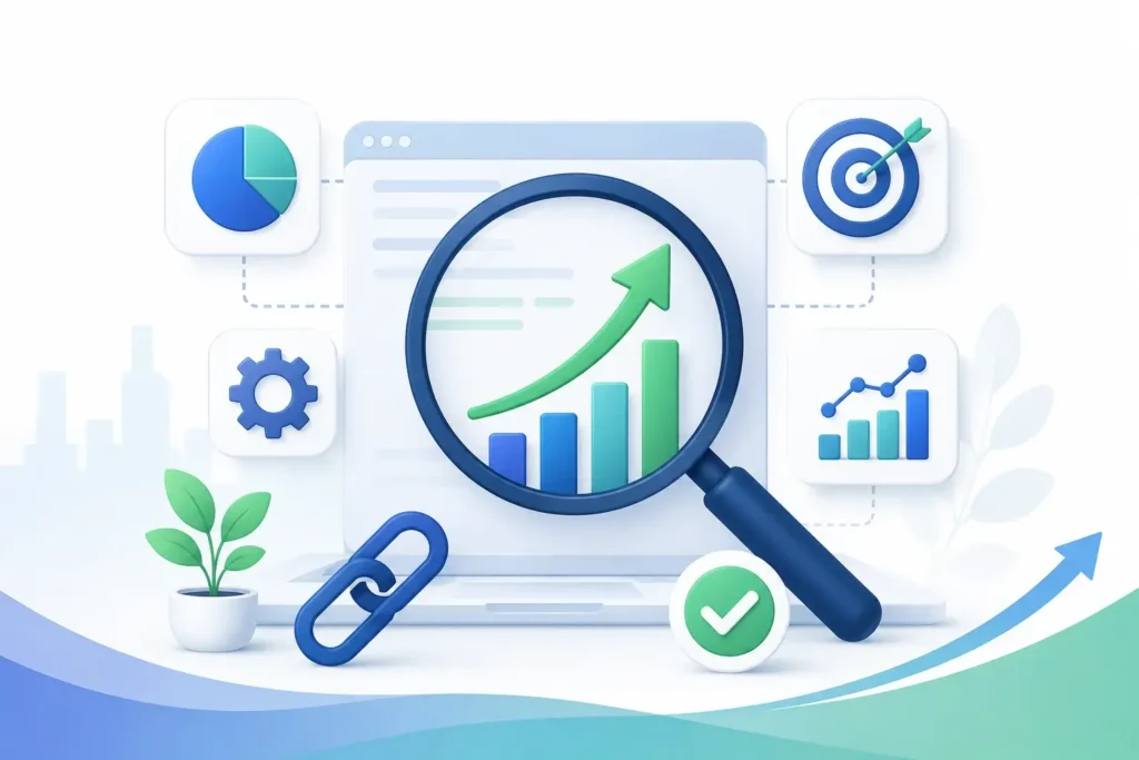SEO growth strategy infographic showing search visibility improvements, organic traffic growth, performance analytics, and business growth opportunities.