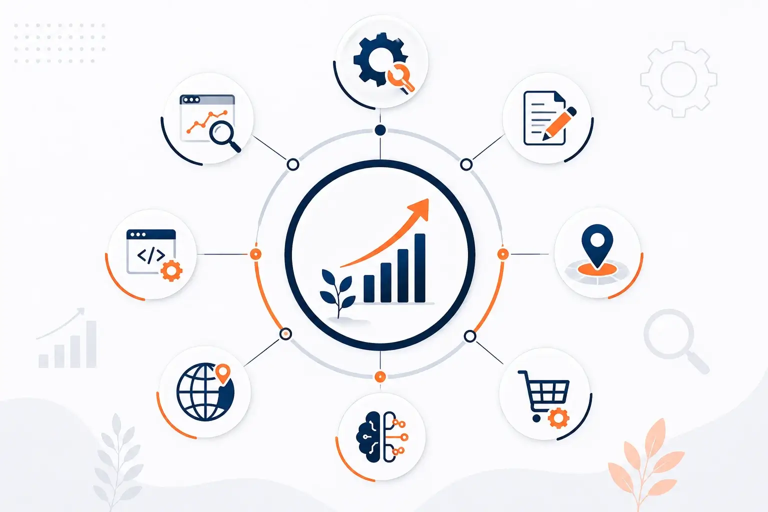 SEO consulting services infographic showing technical SEO, content strategy, local SEO, ecommerce SEO, international SEO, and AI search optimization supporting sustainable organic growth.