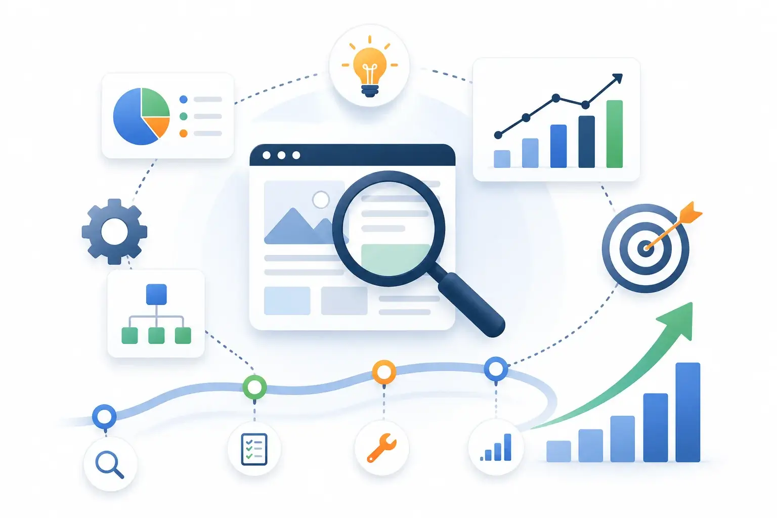SEO Consultant infographic showing search visibility analysis, SEO strategy development, and organic growth opportunities.