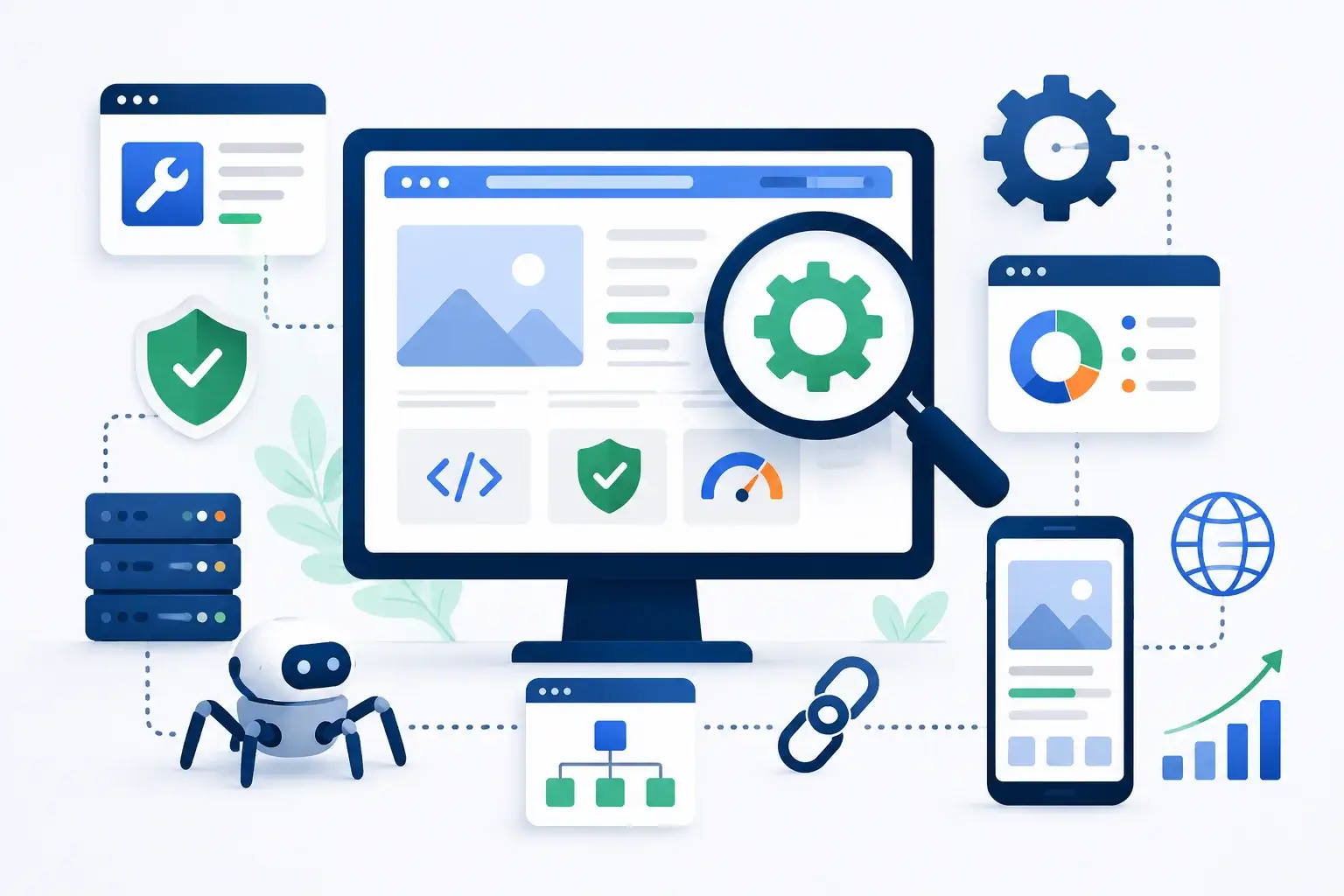 Technical SEO Consultant infographic showing website optimization, crawlability improvements, indexation management, Core Web Vitals monitoring, and search visibility growth.