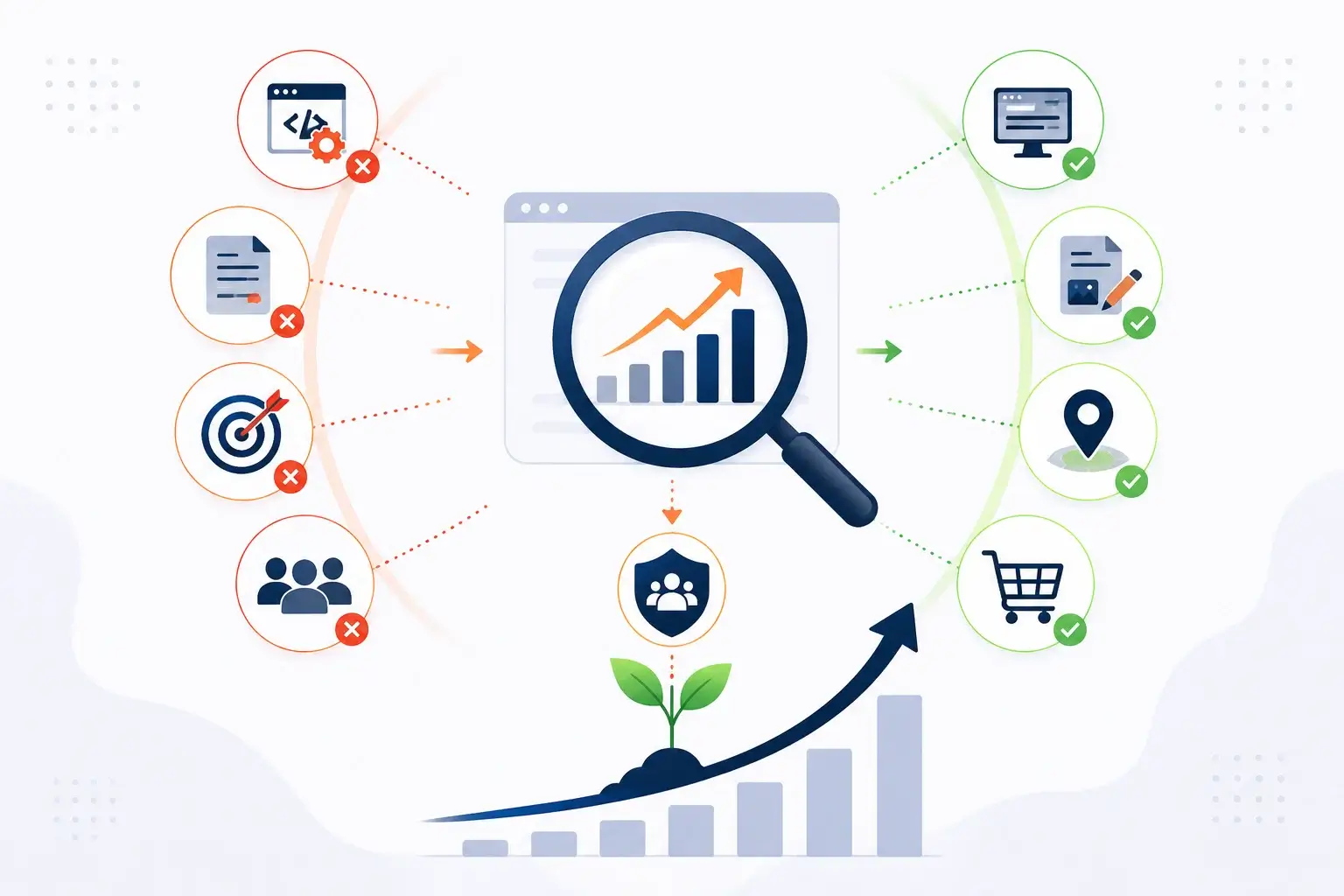 SEO consulting infographic showing how technical SEO, content strategy, keyword targeting, and search optimization contribute to sustainable organic growth and improved search visibility.