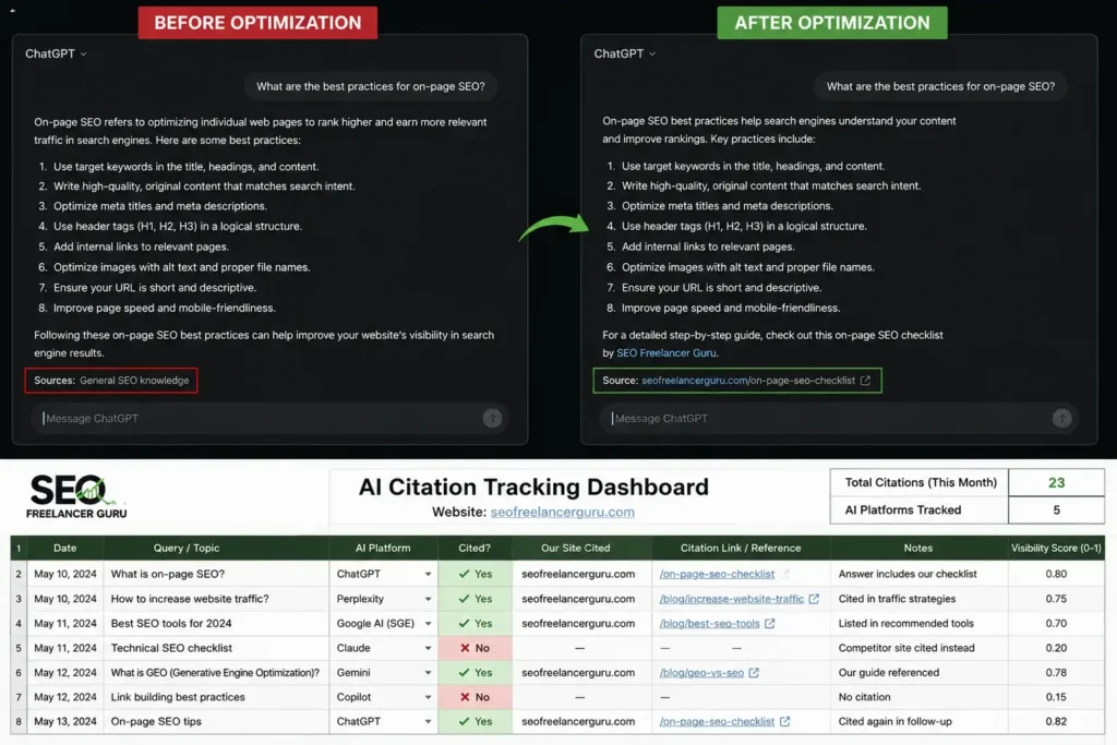 Illustration comparing AI-generated answers before and after optimization alongside an AI citation tracking dashboard monitoring website citations across ChatGPT, Perplexity, Google AI Overviews, Gemini, and Copilot.