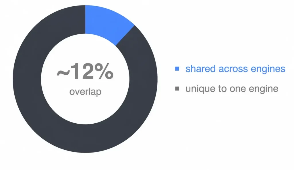 Donut chart showing approximately 12% overlap in search results shared across AI search engines, with the remaining results unique to individual AI platforms.