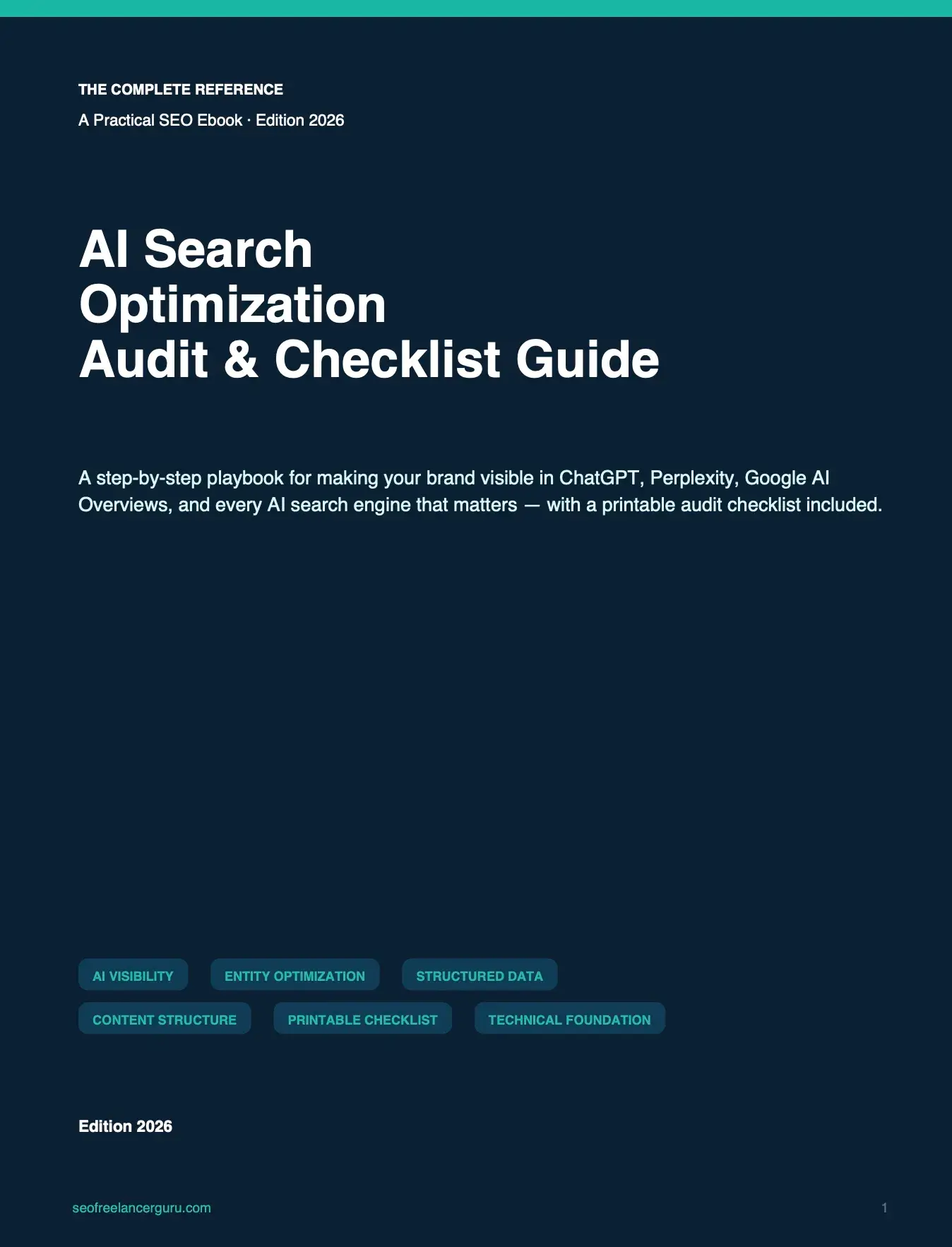 AI Search Optimization Audit & Checklist Guide cover featuring AI visibility, entity optimization, structured data, content optimization, technical foundations, and printable AI SEO checklist for ChatGPT, Perplexity, Google AI Overviews, and modern AI search engines.