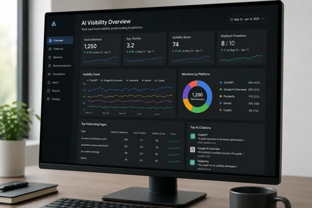 Computer monitor displaying an AI visibility analytics dashboard tracking brand mentions, search performance, and citations across ChatGPT, Google AI Overviews, Perplexity, Gemini, and Copilot.