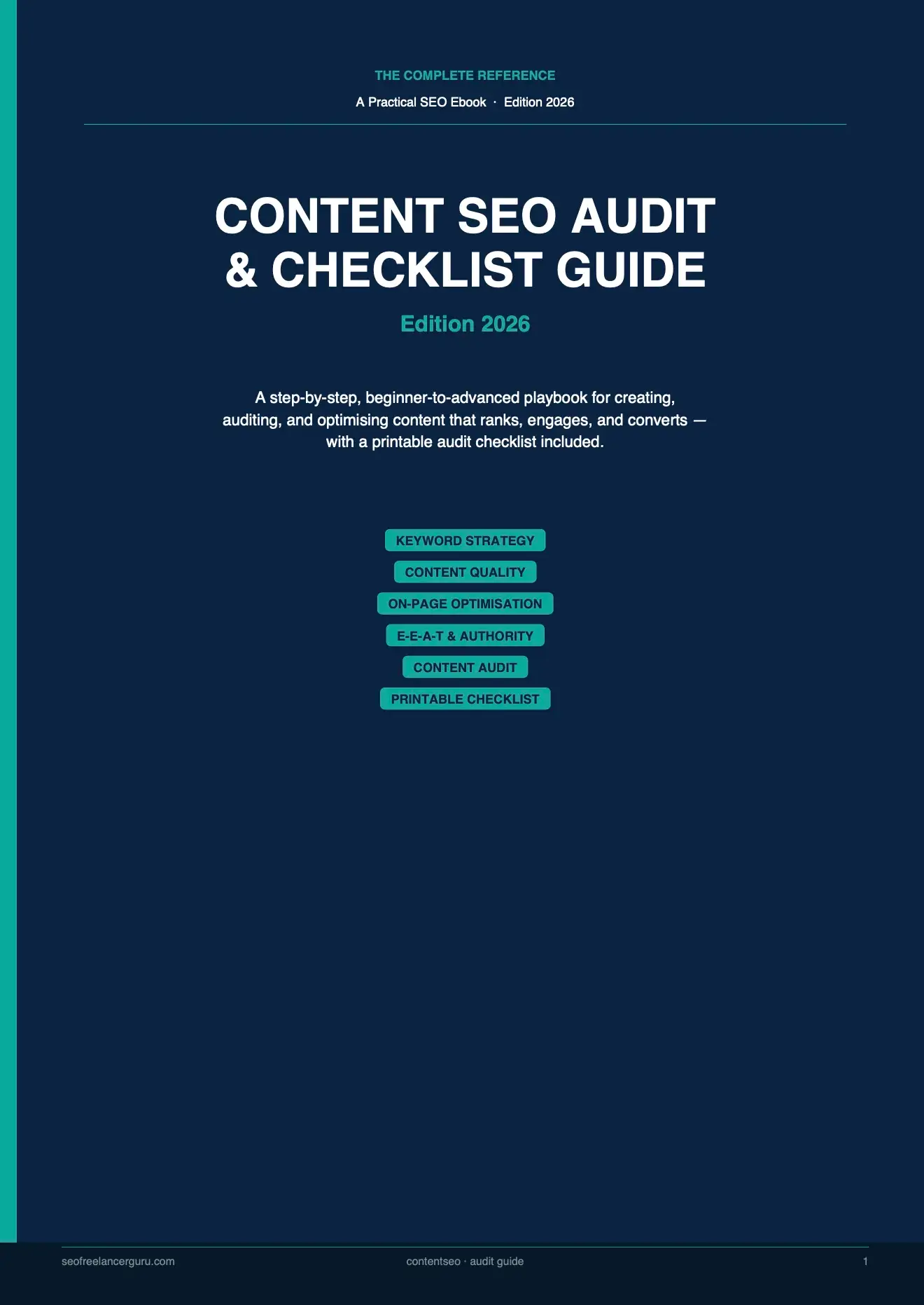 Content SEO Audit & Strategy Guide cover featuring keyword research, topical authority, content optimization, internal linking, and AI-ready content strategies.