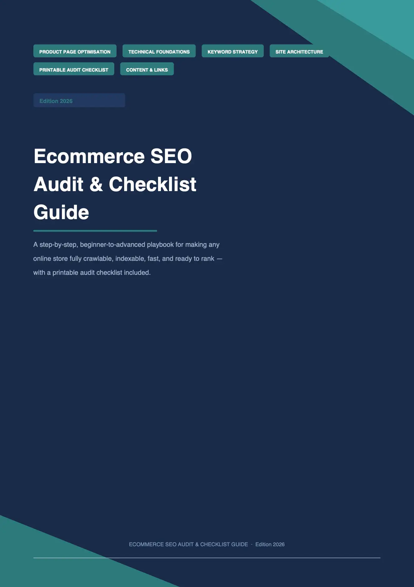Ecommerce SEO Audit & Checklist Guide cover featuring product page optimization, technical foundations, keyword strategy, site architecture, content, and internal links.