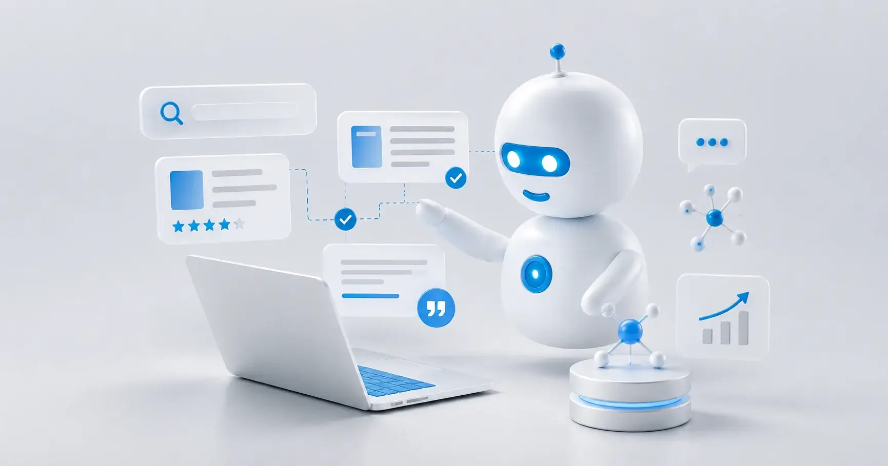 AI robot analyzing search results, citations, and content visibility for generative engine optimization