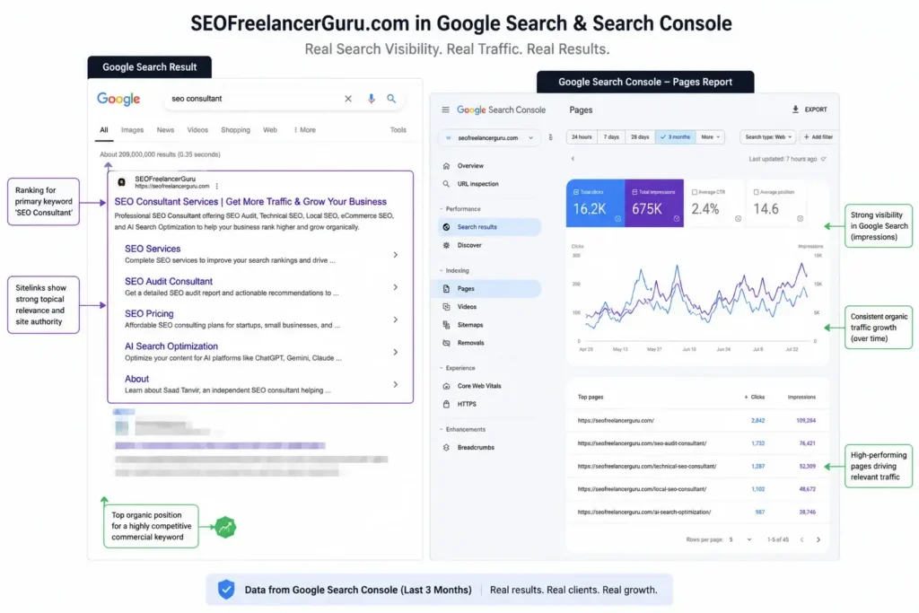 Side-by-side view of SEOFreelancerGuru.com ranking in Google Search for "SEO Consultant" alongside a Google Search Console Pages report showing 16.2K clicks, 675K impressions, and consistent organic traffic growth over three months.