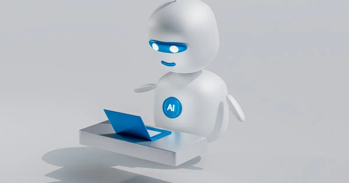 AI robot using a laptop to illustrate how businesses can get recommended by ChatGPT