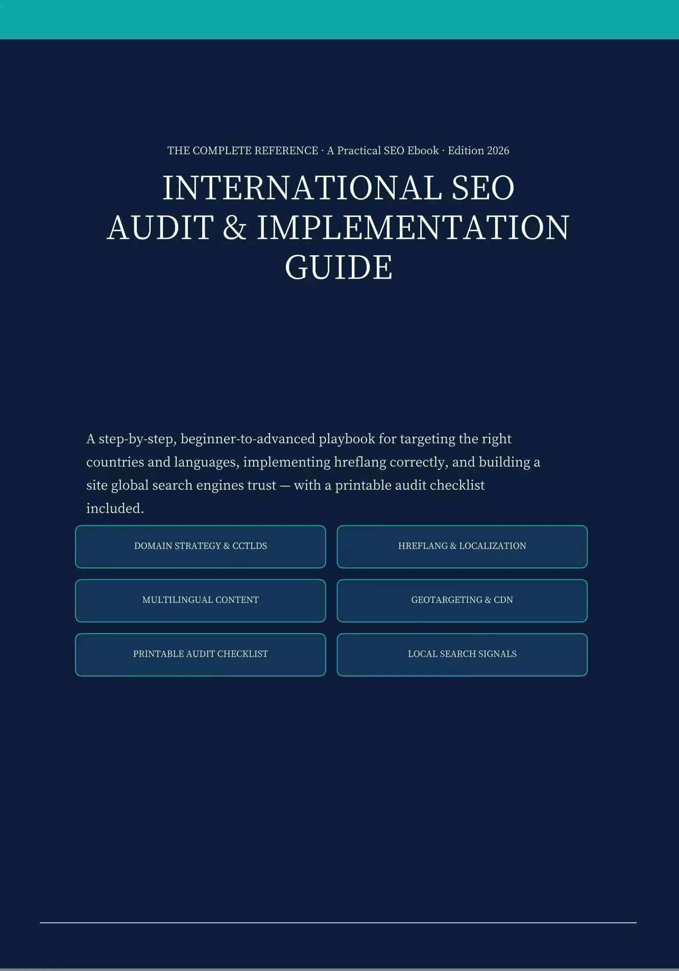 International SEO Audit & Implementation Guide cover featuring domain strategy, hreflang implementation, multilingual content, geotargeting, localization, and global SEO best practices.