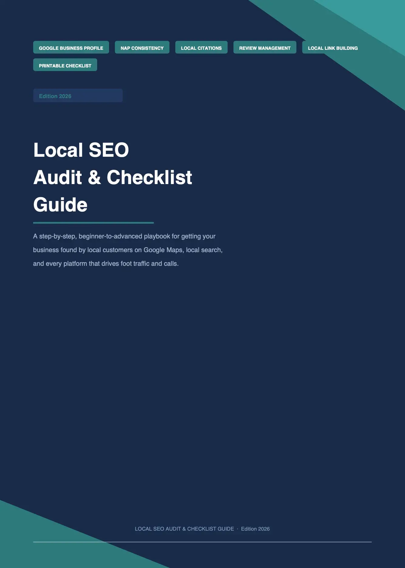Local SEO Audit & Checklist Guide cover featuring Google Business Profile, NAP consistency, local citations, review management, and local link building.