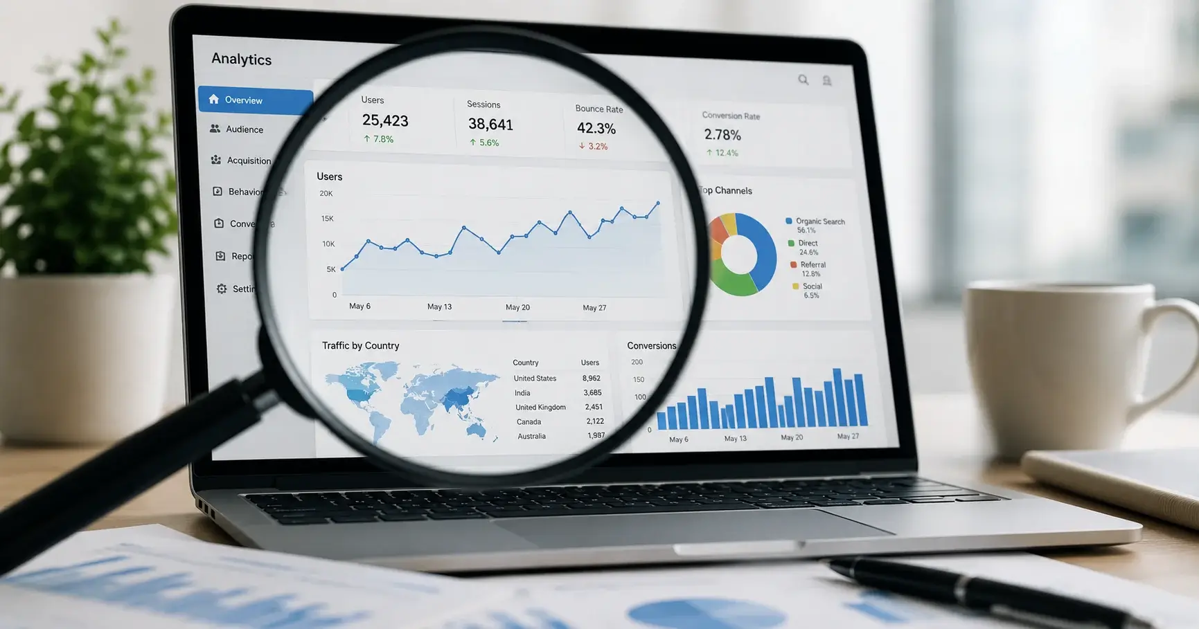 Magnifying glass highlighting a website analytics dashboard with SEO performance metrics, traffic charts, user trends, conversion data, and search insights on a laptop screen.