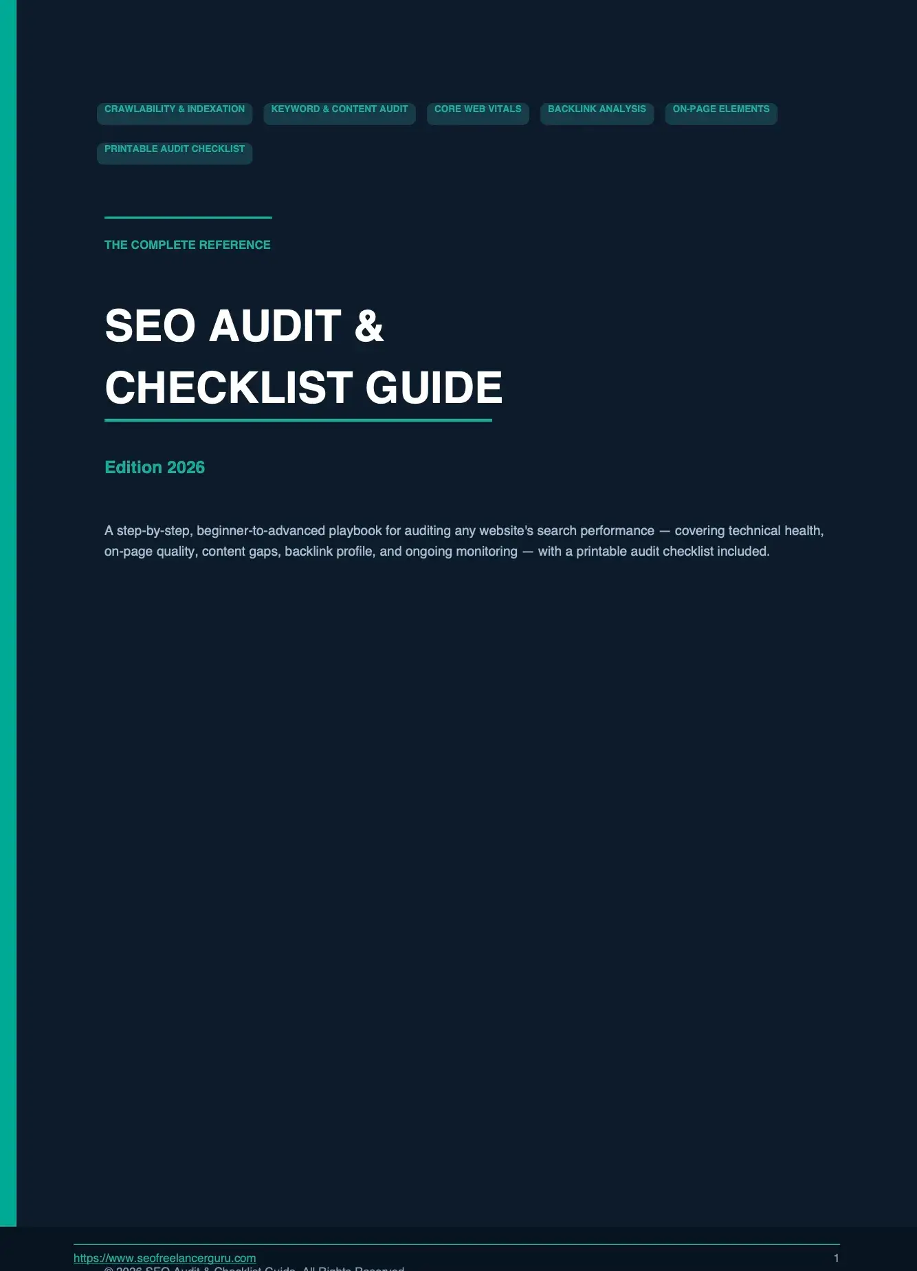 SEO Audit & Checklist Guide cover featuring crawlability, indexation, keyword and content audit, Core Web Vitals, backlink analysis, and on-page SEO.