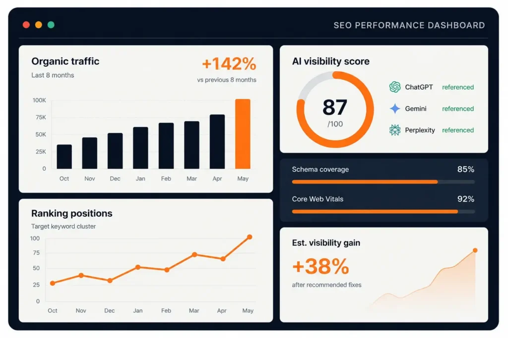 SEO analytics dashboard showing search visibility, organic traffic trends, and performance reporting.