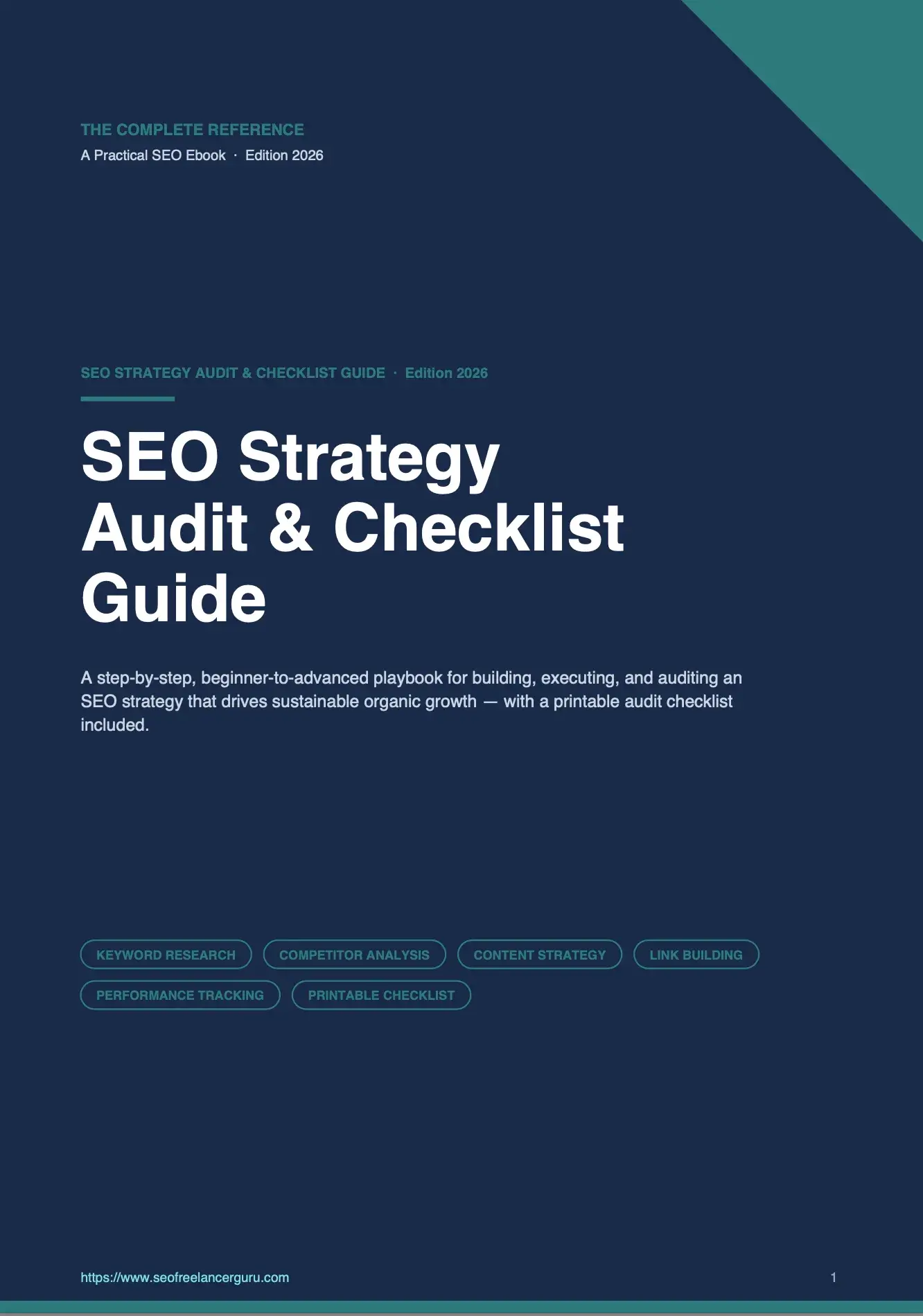 SEO Strategy Audit & Checklist Guide cover featuring keyword research, competitor analysis, content strategy, link building, performance tracking, and printable SEO checklist.