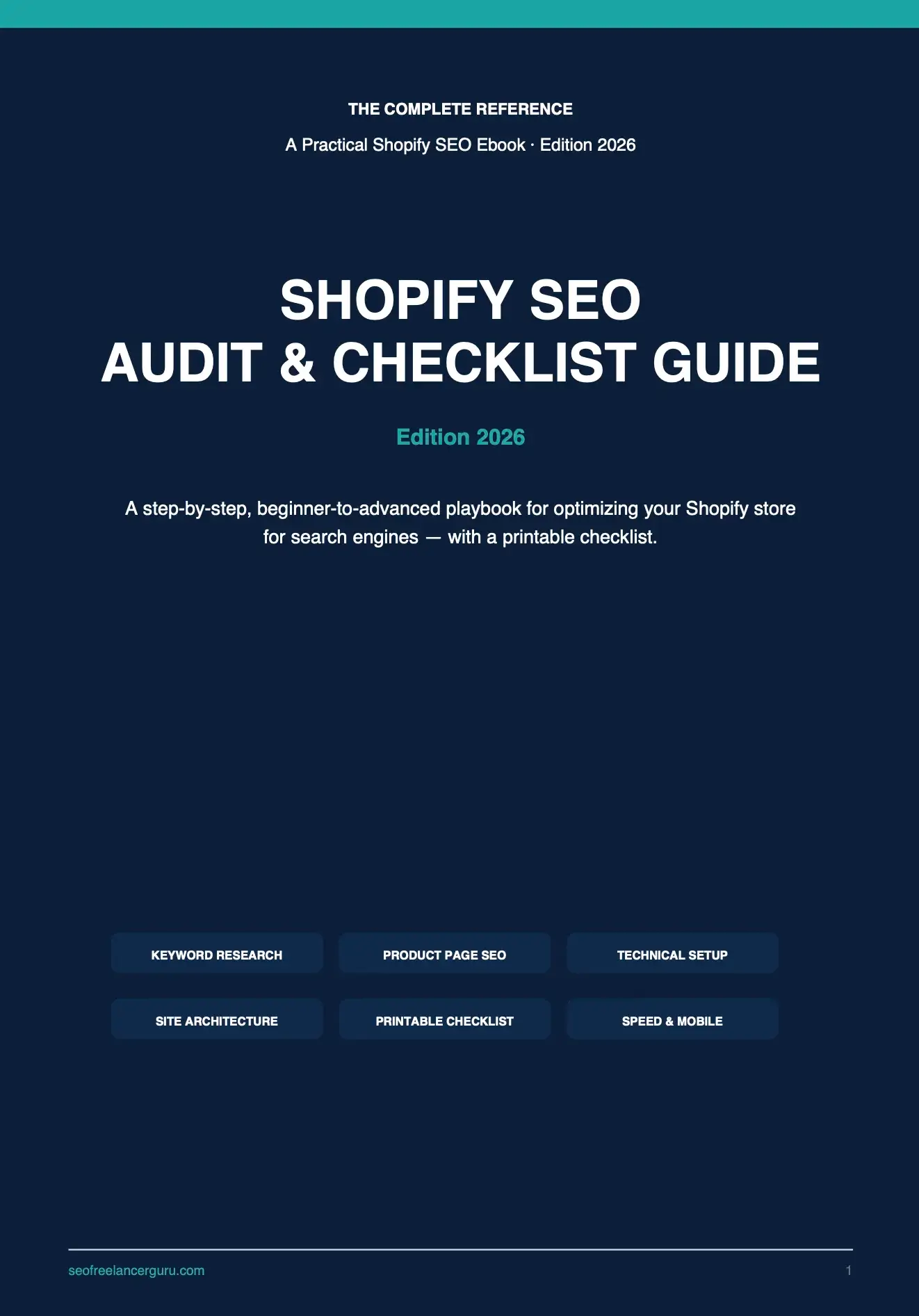 Shopify SEO Audit & Checklist Guide cover featuring keyword research, product page SEO, technical setup, site architecture, speed optimization, and printable Shopify SEO checklist.