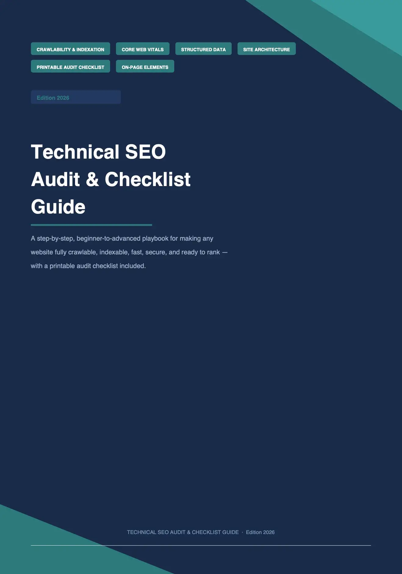 Technical SEO Audit & Checklist Guide cover featuring crawlability, Core Web Vitals, structured data, and site architecture topics.