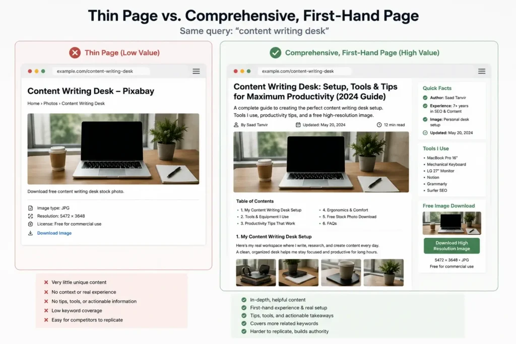 Side-by-side comparison of a thin content page and a comprehensive first-hand content page, highlighting how original experience, detailed information, and topical depth improve SEO, search visibility, and user value.