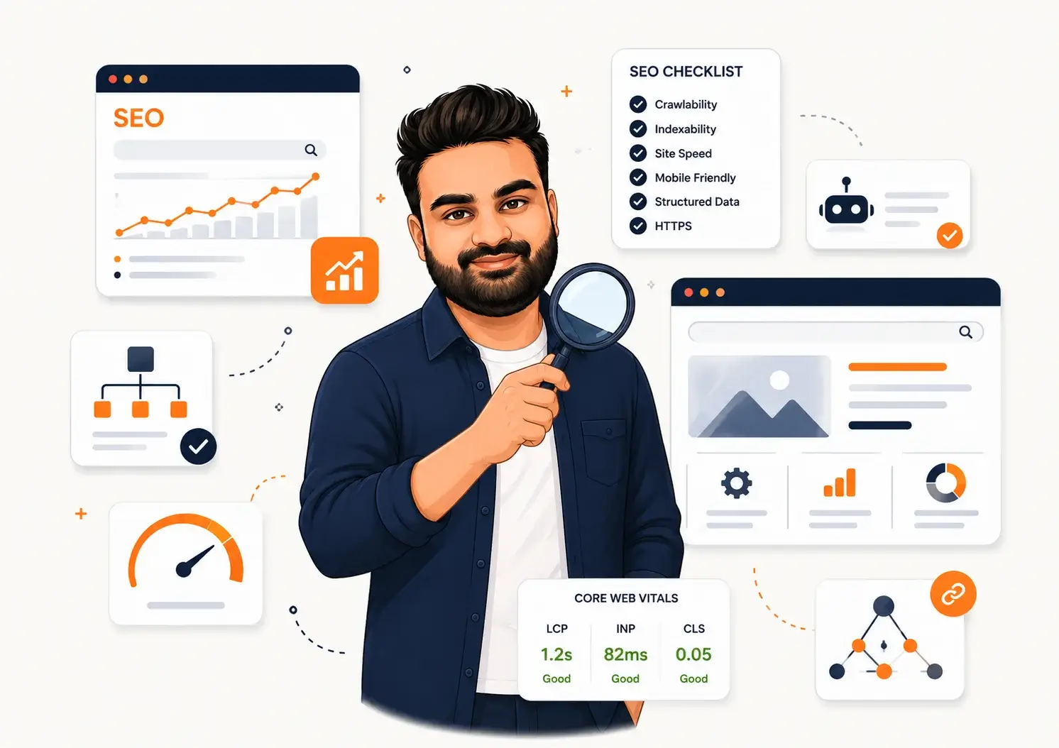 SEO consultant analyzing website performance, technical SEO, Core Web Vitals, structured data, and search visibility improvements.