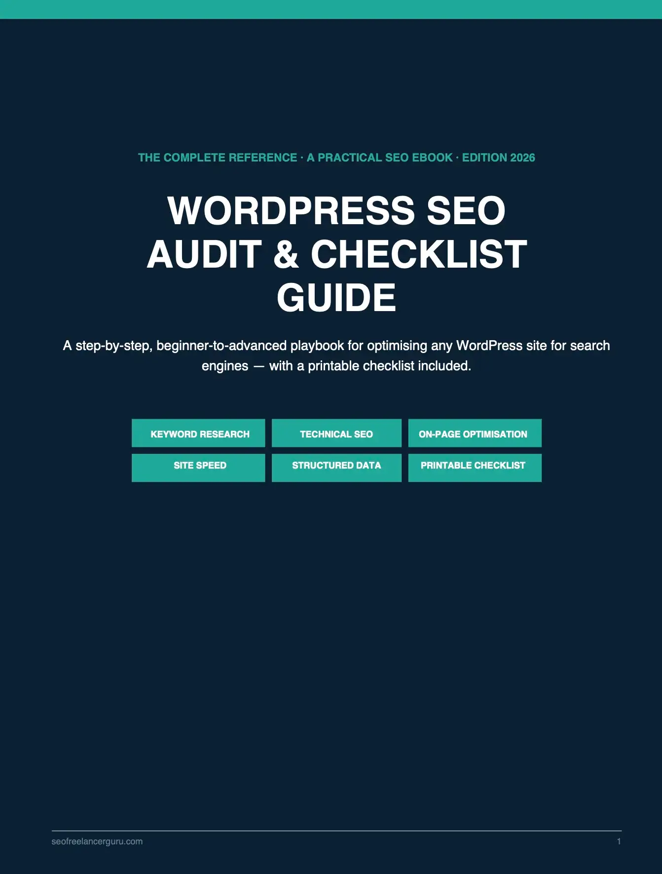 WordPress SEO Audit & Checklist Guide cover featuring keyword research, technical SEO, on-page optimization, structured data, site speed, and printable checklist.