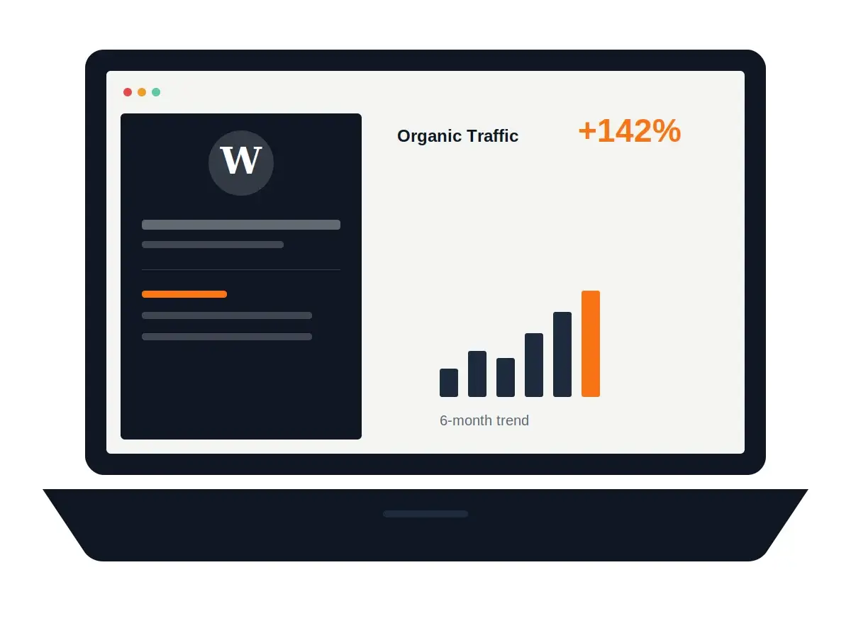 Laptop displaying a WordPress SEO dashboard with website performance, analytics, and optimization metrics for improved organic search visibility.