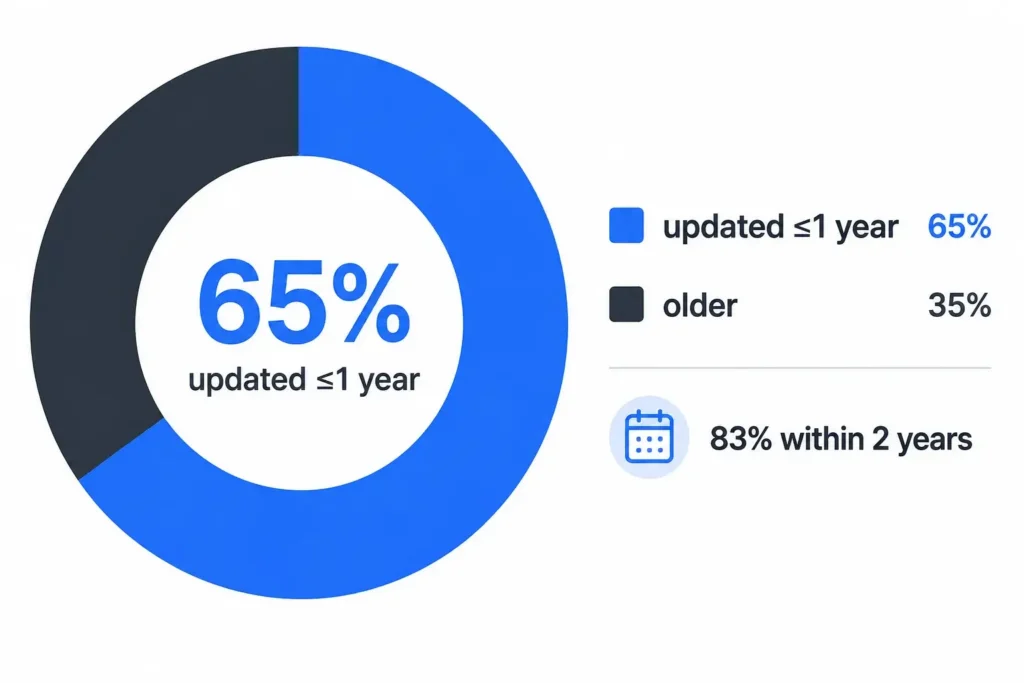Donut chart showing that 65% of AI-cited content was updated within one year, 35% was older, and 83% was updated within two years.