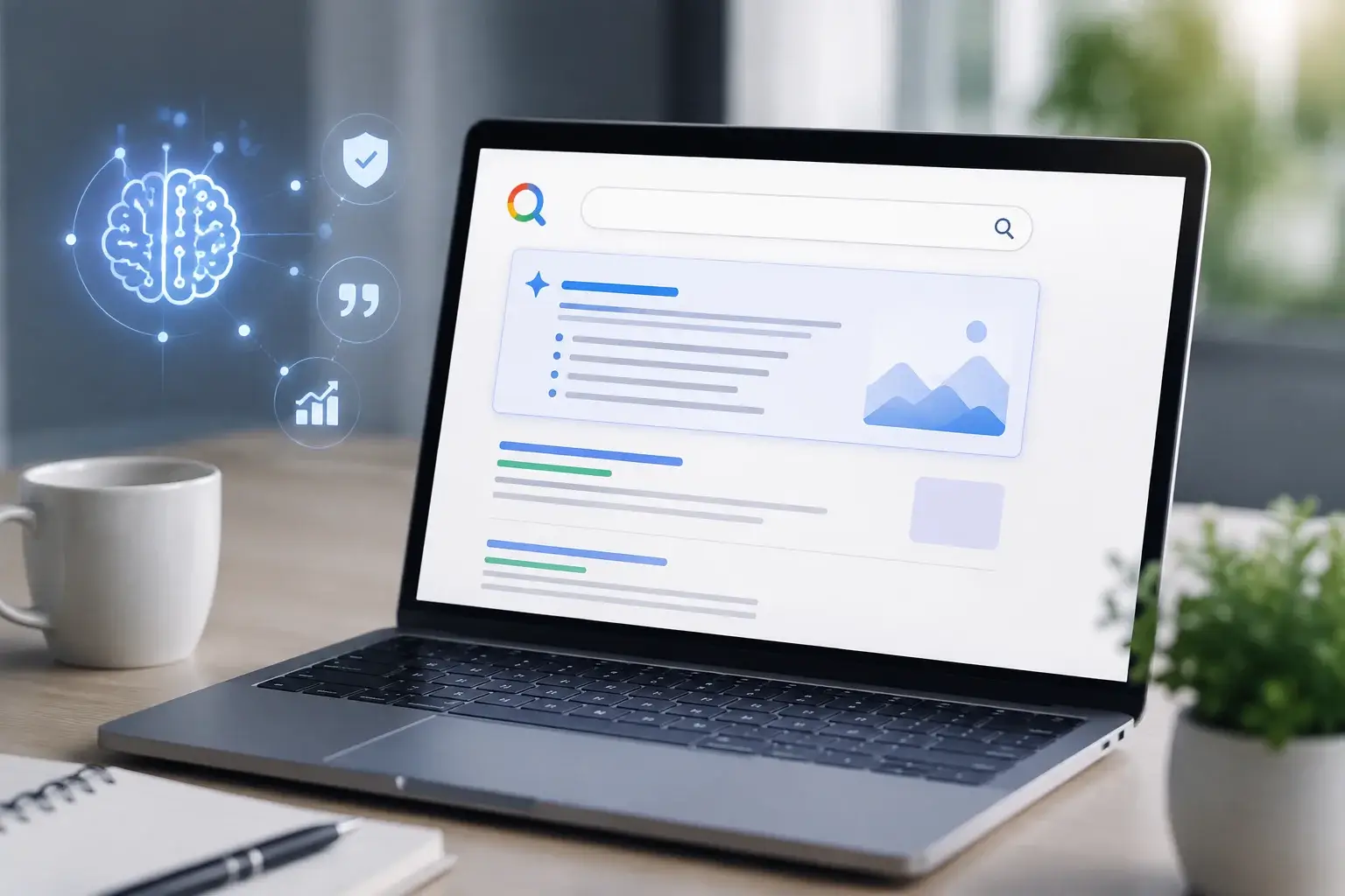 Laptop displaying AI-powered Google search results while evaluating an SEO consultant