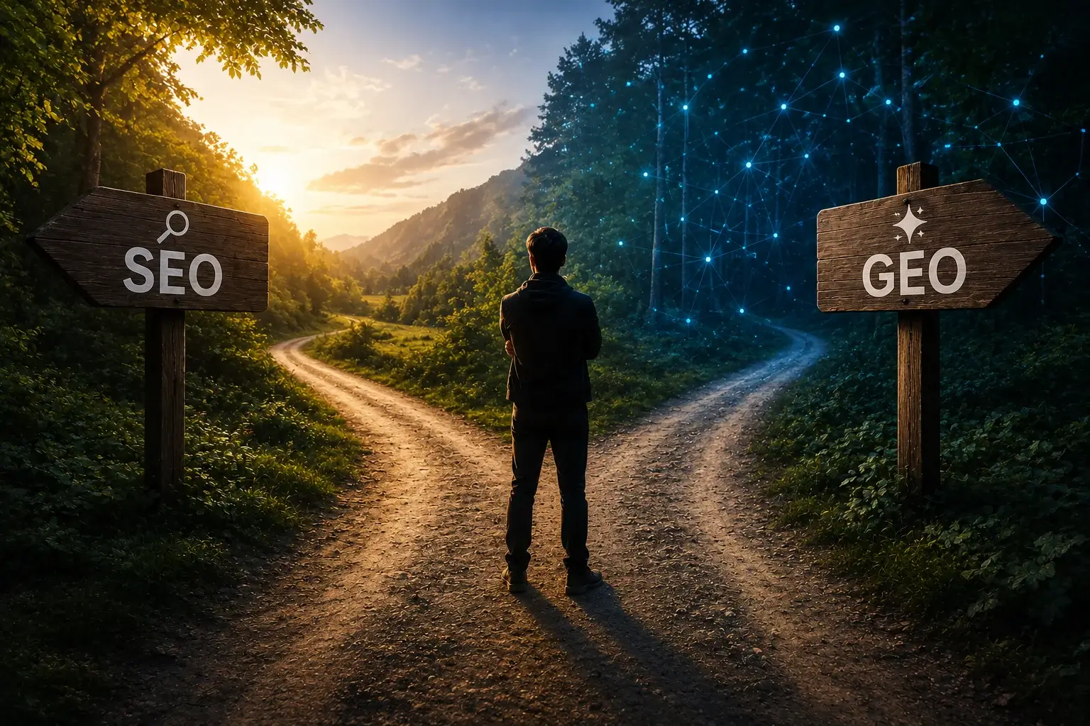Person stands at a forest crossroads with signs reading SEO and GEO, sunlit left path and a glowing digital network on the right.